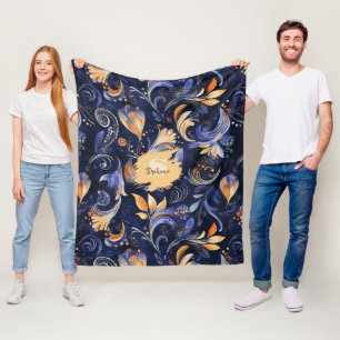 Blaue und goldene abstrakte Paisley-Blätter Fleecedecke
