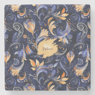 Blaue und goldene abstrakte Paisley-Blätter Steinuntersetzer