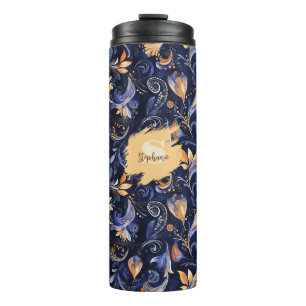 Blaue und goldene abstrakte Paisley-Blätter Thermosbecher