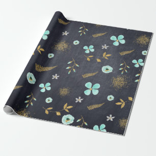 Blaue und goldene Aquarell-Frühlingsmuster Geschenkpapier
