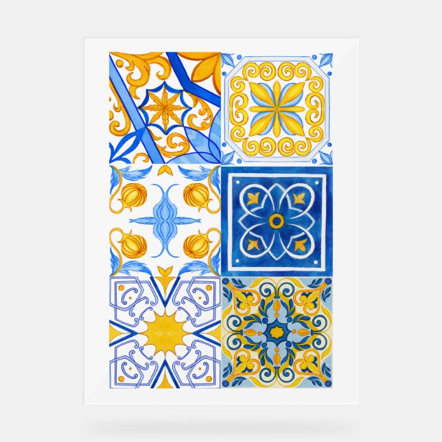 Blaue und goldene Aquarellfarben-Muster - Mediterr Acrylschild (Vorderseite)