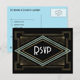 Blaue und goldene Art Deco Gatsby-inspirierte Hoch Postkarte