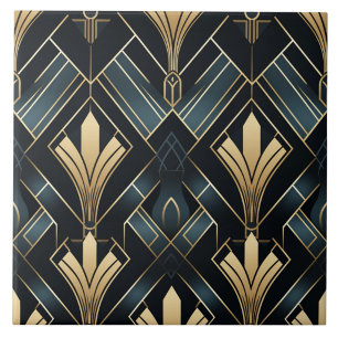 Blaue und goldene Art Deco, Glänzend und Dunkel Fliese