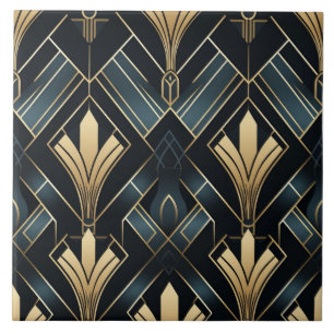 Blaue und goldene Art Deco, Glänzend und Dunkel Fliese