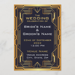 Blaue und goldene Art Deco Hochzeitseinladung Einladung
