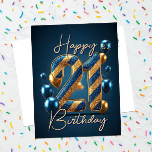 Blaue und goldene Ballons und Streifen 21. Geburts Postkarte