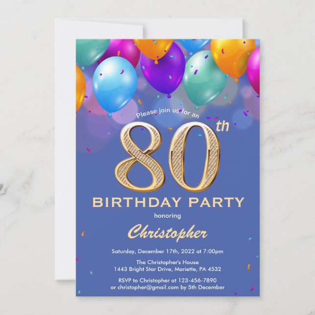 Blaue und goldene Balloons zum 80. Geburtstag Einladung (Vorderseite)