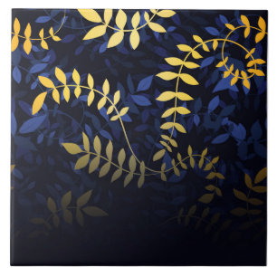 Blaue und goldene Blätter Fliese