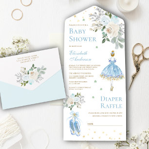 Blaue und goldene Blumen-Ballerina-Baby-Party All In One Einladung