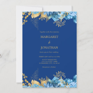 Blaue und goldene Blumen-Hochzeitseinladungskarte Save The Date