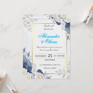 Blaue und goldene Blumenhochzeits-Einladung Einladung