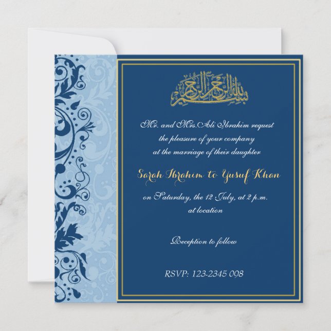 Blaue und goldene Brocade-Hochzeit Einladung (Vorderseite)