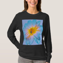 Blaue und goldene Dahlien-Bienen-Grafik Langarmshi