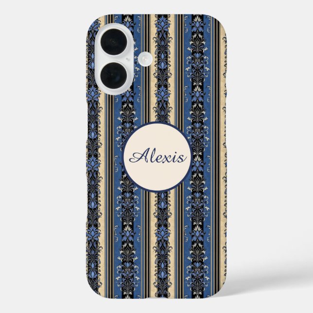 Blaue und goldene Damaskus-Streifen iPhone 16 Hülle (Rückseite)