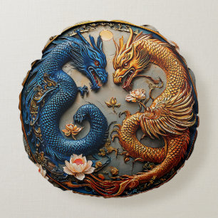 Blaue und goldene Drachen im Yin-Yang-Design Rundes Kissen
