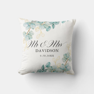 Blaue und goldene Eukalyptus-Hochzeit Elegantes Sk Kissen