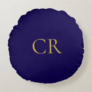 Blaue und goldene Farbmonogramm moderne Minimalist Rundes Kissen