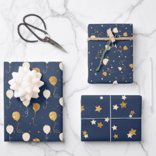 Blaue und goldene Feier Muster Geschenkpapier Set
