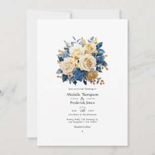 Blaue und goldene florale Hochzeit Einladung