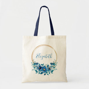 Blaue und goldene florale personalisierte tragetasche