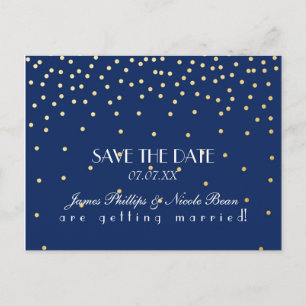 Blaue und goldene Folienpunkte – Save-the-Date-Pos Ankündigungspostkarte