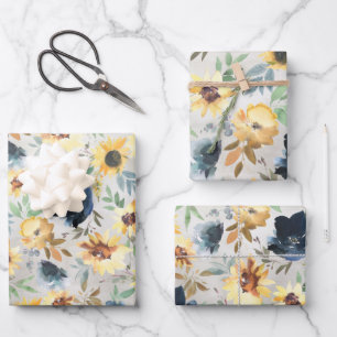 Blaue und goldene gelbe Peony & Sonnenblumen Wrapp Geschenkpapier Set