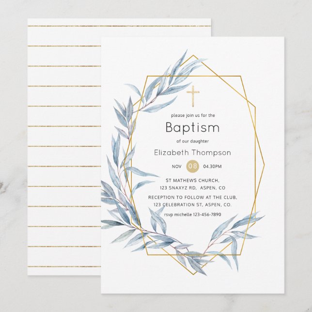 Blaue und goldene geometrische Eukalyptus-Leaf-Tau Einladung (Vorne/Hinten)