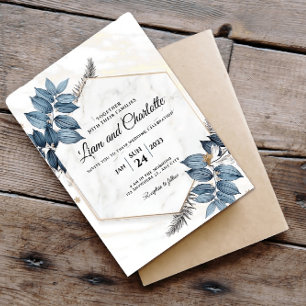 Blaue und goldene, geometrische Hochzeitseinladung Einladung