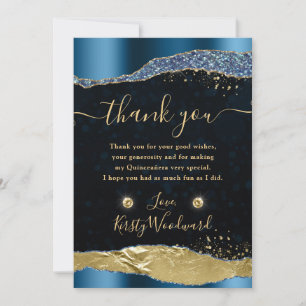 Blaue und goldene Glitter Glam Tränen Quinceanera Dankeskarte