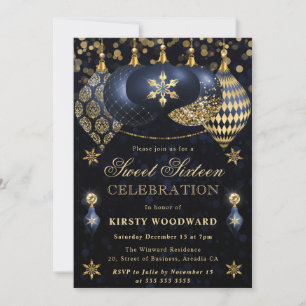 Blaue und goldene Glitter-Kugeln Sweet Sixteen Einladung