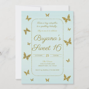 Blaue und goldene Glitter-Schmetterling Sweet 16 P Einladung