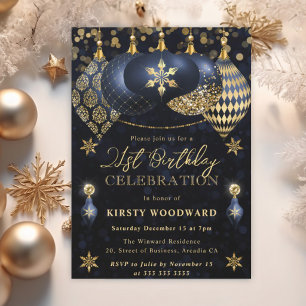 Blaue und goldene Glitter-Weihnachtskugeln 21. Geb Einladung