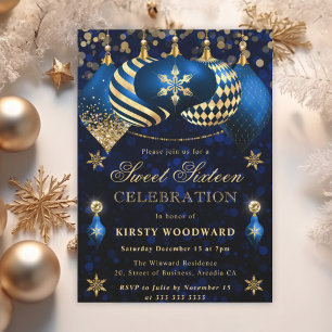Blaue und goldene Glitter-Weihnachtskugeln Sweet S Einladung