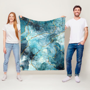 Blaue und goldene glitzernde Marmor  Fleecedecke