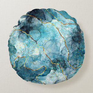 Blaue und goldene glitzernde Marmor Rundes Kissen