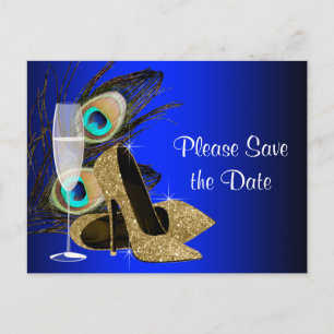 Blaue und goldene High Heel Schuhe Pfau Save The D Ankündigungspostkarte
