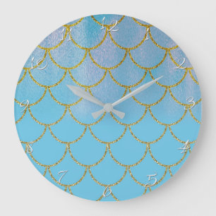 Blaue und goldene irisierende Schuppen der Meerjun Große Wanduhr