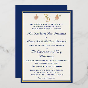 Blaue und goldene katholische Hochzeitseinladung m Folieneinladung