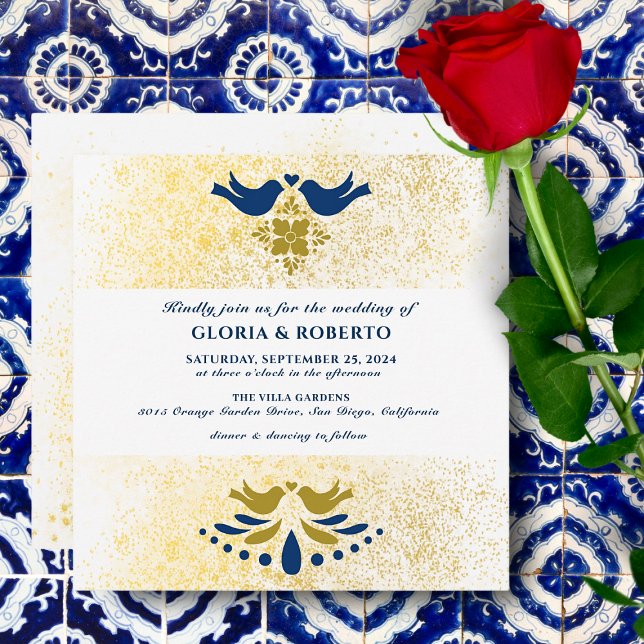 Blaue und goldene Liebesvögel Mexican Wedding Squa Einladung (Von Creator hochgeladen)