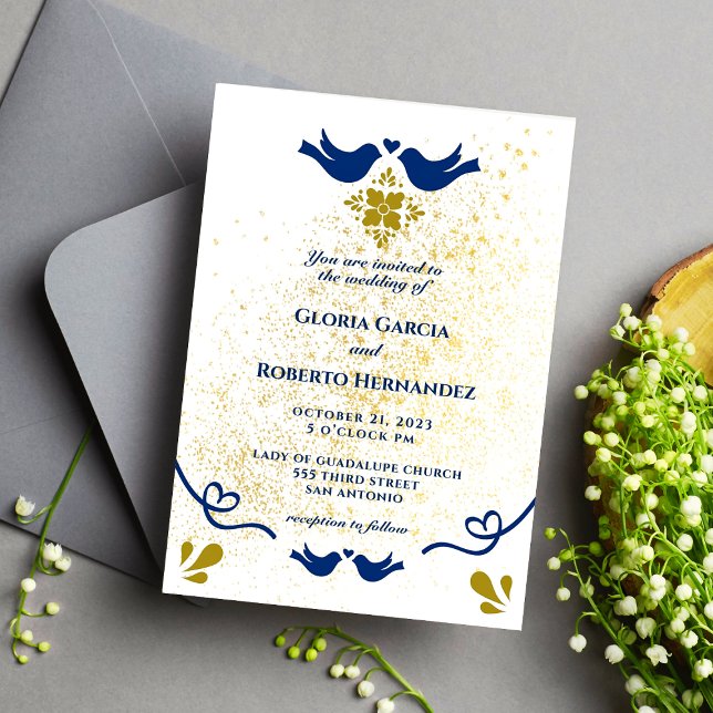 Blaue und goldene Liebesvögel mexikanische Hochzei Einladung (Von Creator hochgeladen)