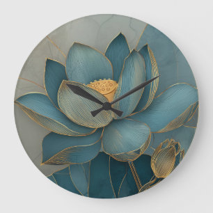 Blaue und goldene Lotusblume geometrische Linienku Große Wanduhr