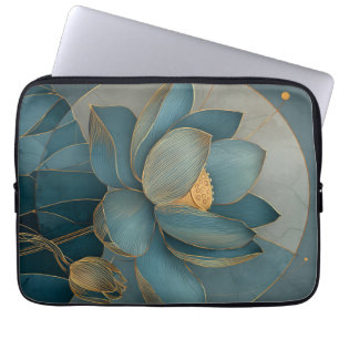 Blaue und goldene Lotusblume geometrische Linienku Laptopschutzhülle