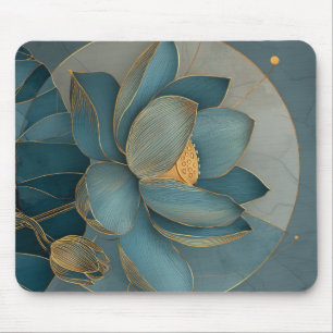 Blaue und goldene Lotusblume geometrische Linienku Mousepad