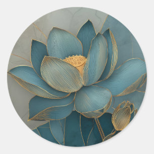 Blaue und goldene Lotusblume geometrische Linienku Runder Aufkleber