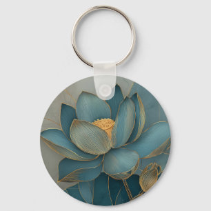 Blaue und goldene Lotusblume geometrische Linienku Schlüsselanhänger