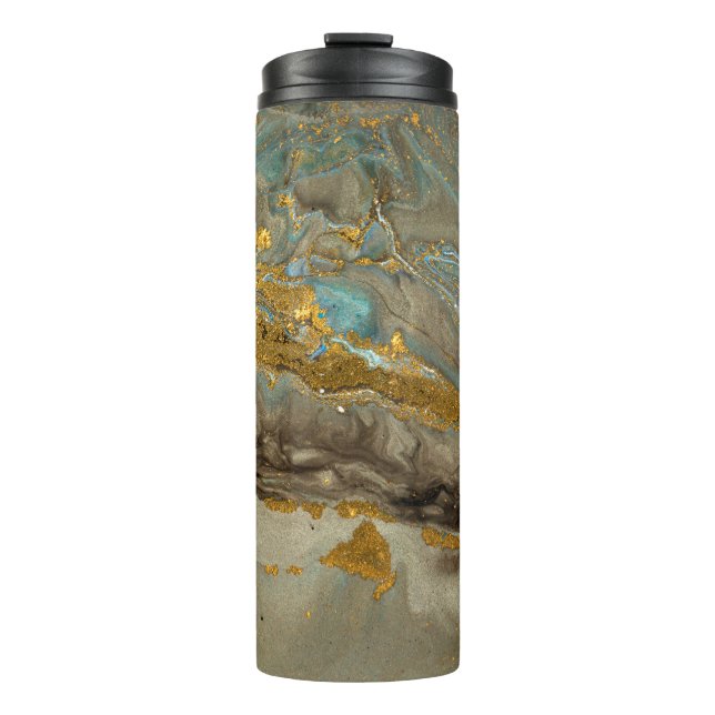 Blaue und goldene Marmormuster Thermosbecher (Vorderseite)