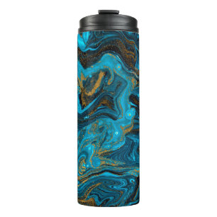 Blaue und goldene Marmorstruktur. Goldmarmor liqu Thermosbecher