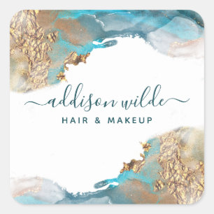 Blaue und goldene moderne Kunst Flüssige Wasserfar Quadratischer Aufkleber