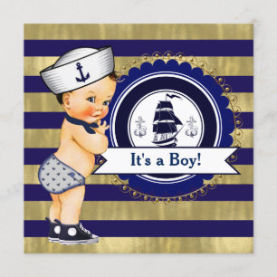 Blaue und goldene nautische Babyparty Einladung