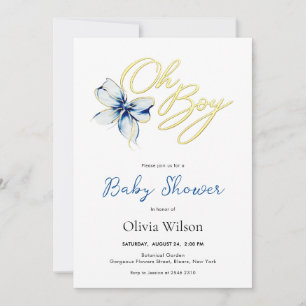 Blaue und goldene „Oh Boy“-Blumen-Typografie-Baby- Einladung